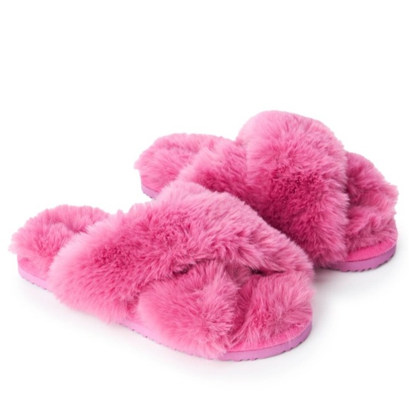 Bp. Mae Cross Strap Faux Fur Slipper Pink Prism size XL - Picture 1 of 7